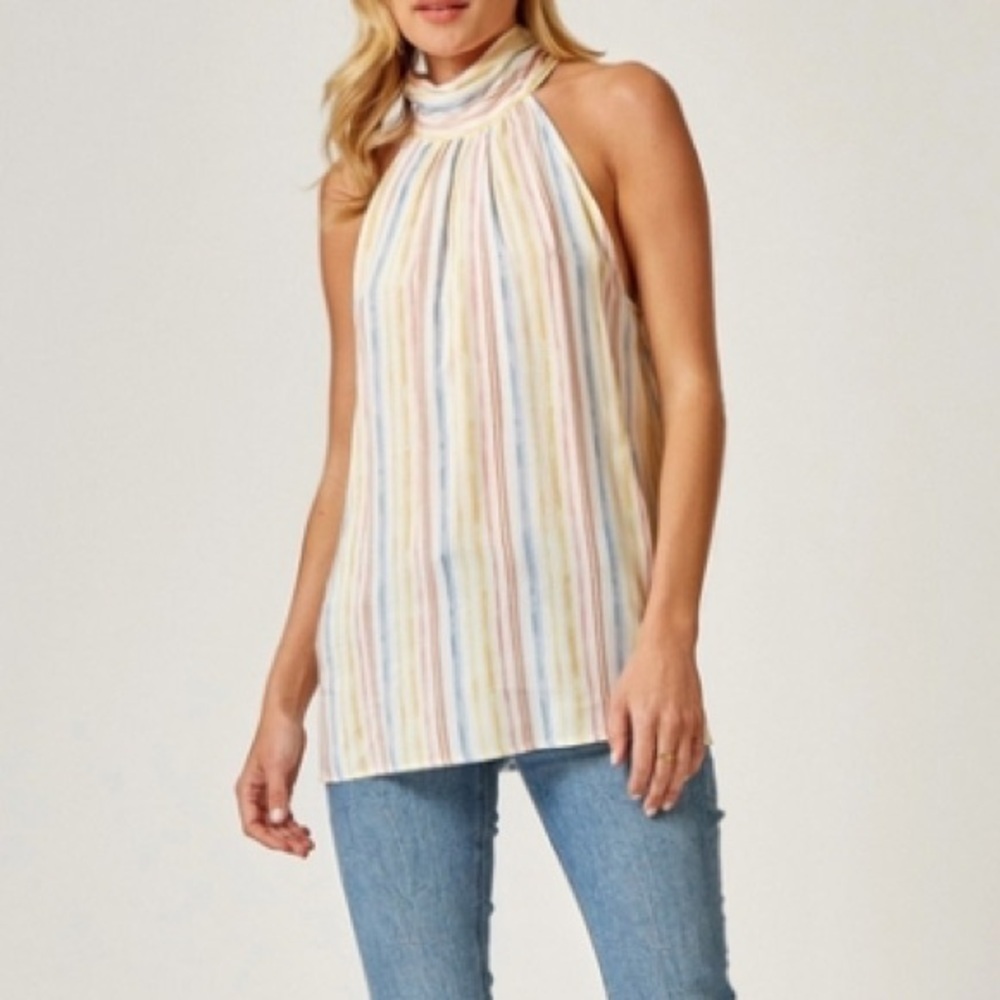 W5 Womens Tank Top Multicolor Yellow Striped Sleeveless Halter Textured Nubby Lg